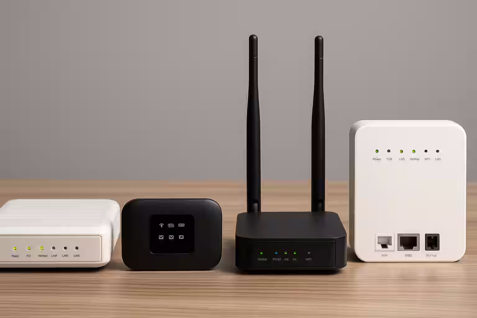 Diferentes tipos de modems usados en Uruguay sobre una mesa: ADSL, portátil, WiFi y fibra óptica